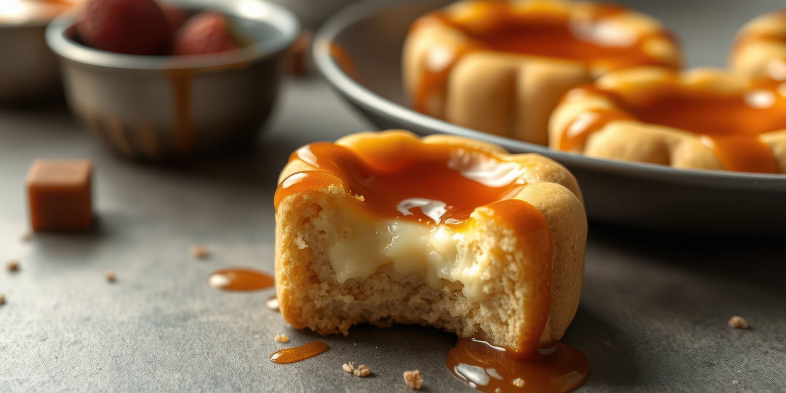 Creamy caramel dessert bites served on a dark table with garnishes